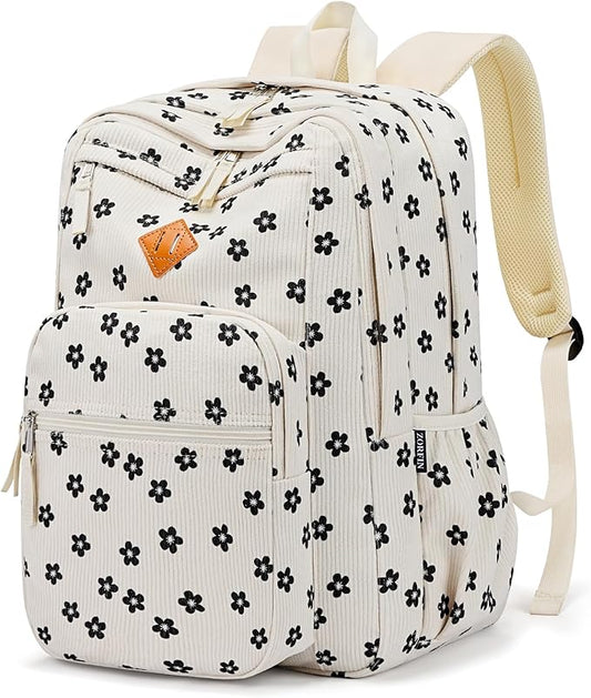 ZORFIN 26L Backpack for School, College, and Travel: Corduroy Bookbag with 8 Compartments - Floral