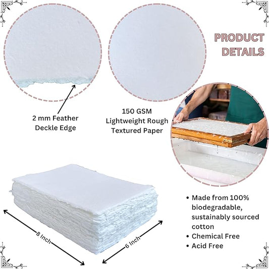 Handmade White Deckle Edge Blank Paper - A5 Size Package of 50 - Mixed Media Loose Leaf Paper for Watercolor, Writers, Invitations, Crafts - Thick 150 GSM - 8 x 6'