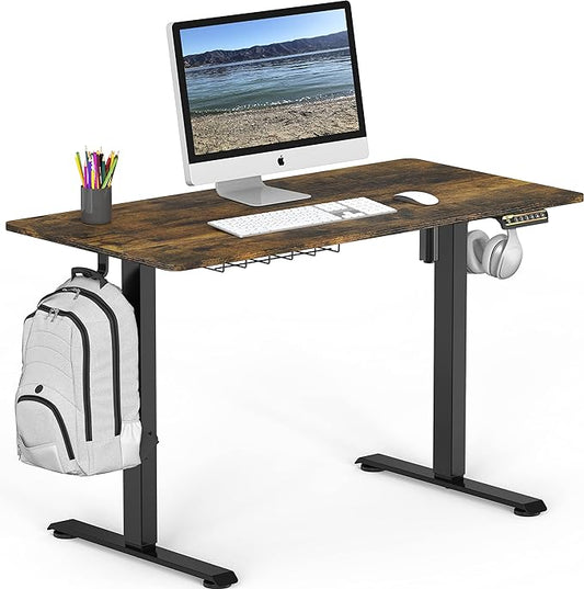 SHW 48-Inch Electric Height Adjustable Sit to Stand Desk with Hanging Hooks and Cable Management, Black Frame and Rustic Brown Top