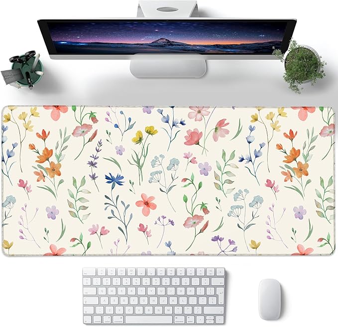 Desk Mat, Colorful Watercolor Floral Large Gaming Mouse Pad with Non-Slip Base Stitched Edges,Desk pad for Keyboard and Mouse Home Office 35.4"x15.7"