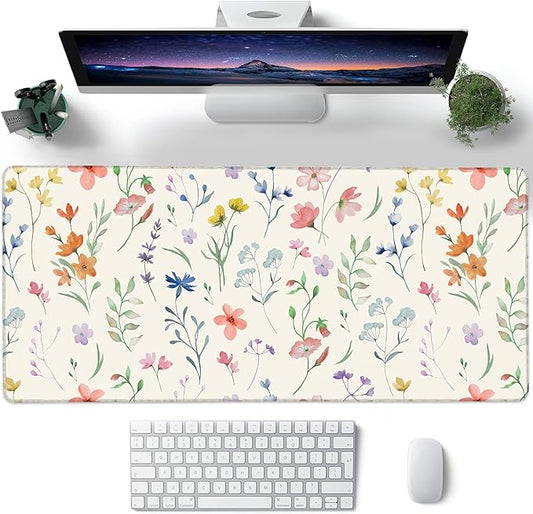 Desk Mat, Colorful Watercolor Floral Large Gaming Mouse Pad with Non-Slip Base Stitched Edges,Desk pad for Keyboard and Mouse Home Office 35.4"x15.7"