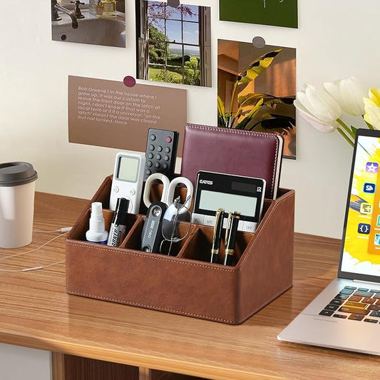 Remote Control Holder with 5 Compartments for Office Art Supplies, PU Leather Nightstand Organizer Pencil Pen Desk Caddy for Home, Desktop TV Remote Control Organizer Storage (Brown)