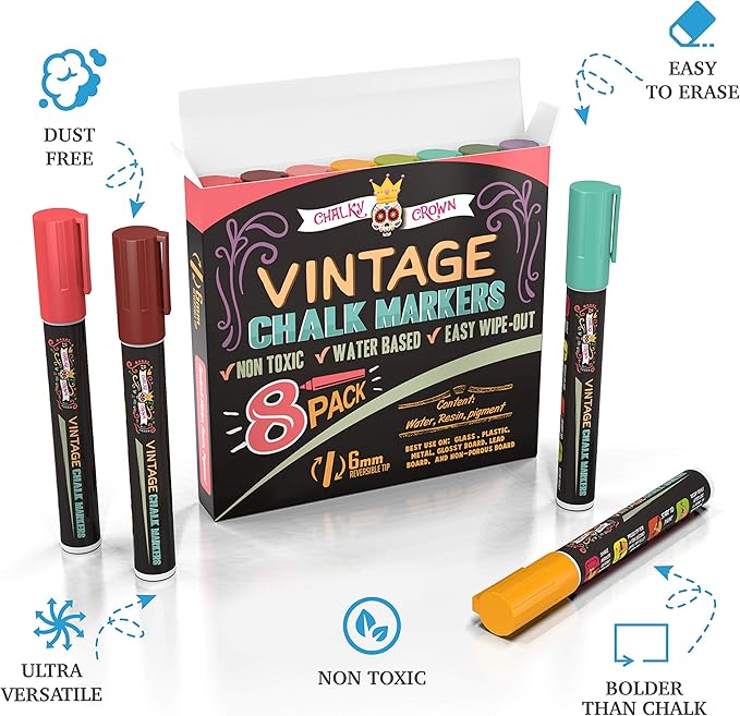 CHALKY CROWN Liquid Chalk Markers - Dry Erase Marker Pens - Chalk Markers for Chalkboards, Signs, Windows, Blackboard, Glass - Reversible Tip (8 Pack) (Vintage, 6mm)