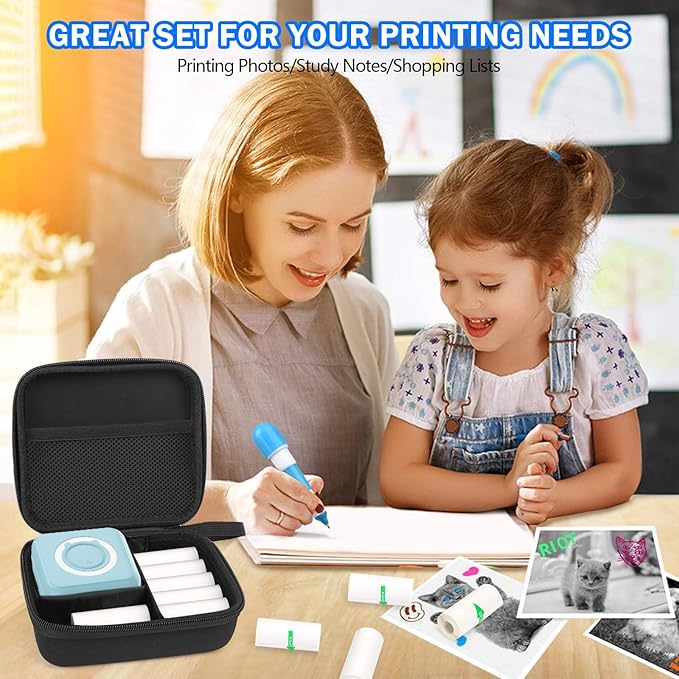 Blue Mini Pocket Printer with Black Case, Thermal Printers with 10 Rolls Thermal Paper, Portable Photo Printer for Travelling, Journal, Memo, Photo, Study Notes, Shopping Lists