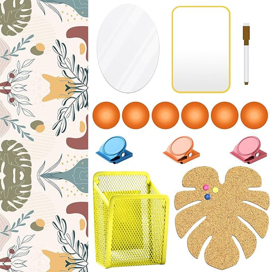 Harloon 15 Pcs Locker Decoration and Organizer Kit Locker Wallpaper Magnetic Pen Holder and Mirror Whiteboard Marker Cork Board with 3 Push Pins 3 Magnetic Clip 6 Magnets(Boho)