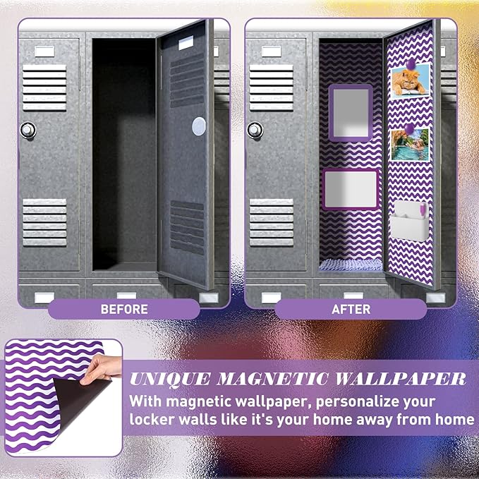 Timgle 8 Pcs Magnetic Locker Set Including Magnetic Wallpaper Mirror Locker Organizer Carpet Whiteboard Dry Erase Marker Accessories for Office School Supplies(Purple,Wavy Style)