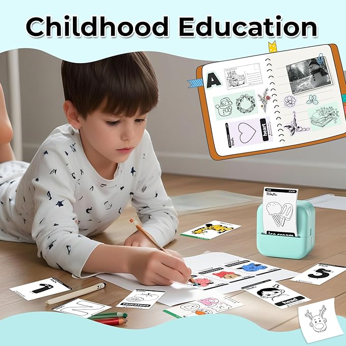 Sticker Printer, Mini Printer, Mini Sticker Printer Compatible with Phone & Tablet, Print Pod with Stickers, M02L Print Pods Mini Printer for School Notes, Scrapbook, Anatomical Diagram