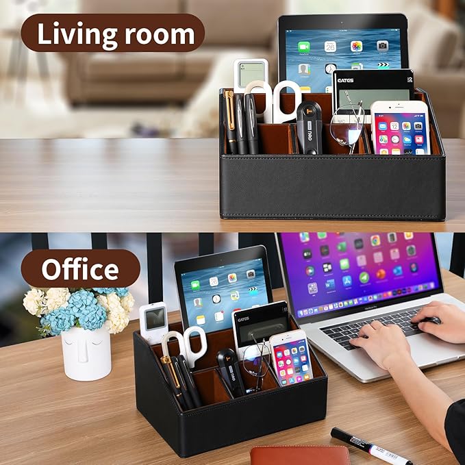 Remote Control Holder with 5 Compartments for Office Art Supplies, PU Leather Nightstand Organizer Pencil Pen Desk Caddy for Home, Desktop TV Remote Control Organizer Storage (Black)