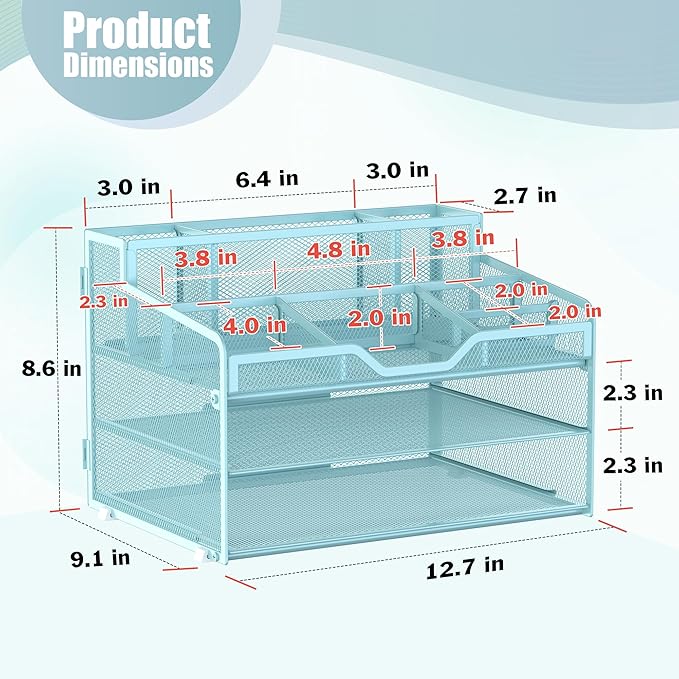 Docnest 3 Tier Mesh Desk Organizer for Paper Office Supplies – Multi-Functional Letter Tray with 5 Adjustable Compartments, 3 Pen Holders, Desktop Storage for Files, Mail, Stationery – Blue