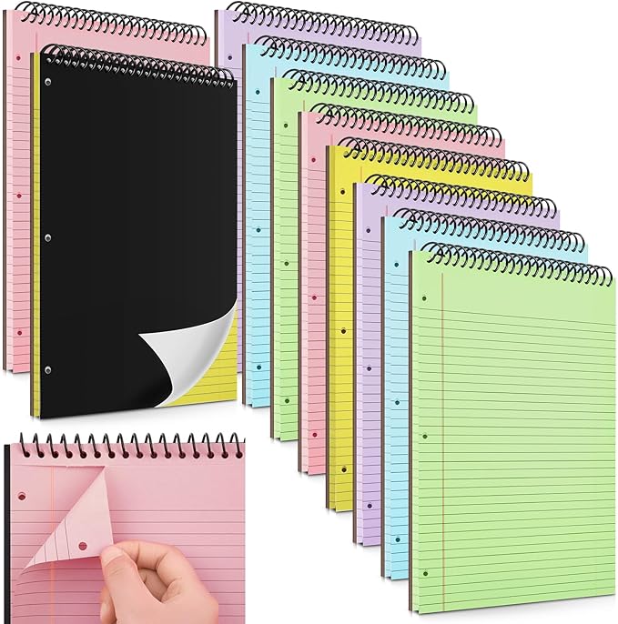 10 Packs 8.5" x 11" Top Spiral Notebook with 3 Hole Punched Legal Pads College Ruled Notepad 50 Sheets Hard Cardboard Paper Wirebound Notepad for Office School Business (Multicolor)