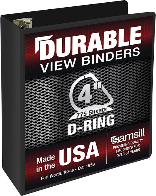 Samsill Durable 4 Inch Binder, Made in The USA, Locking D Ring Binder, Customizable Clear View Cover, Charcoal Black, Holds 775 Pages