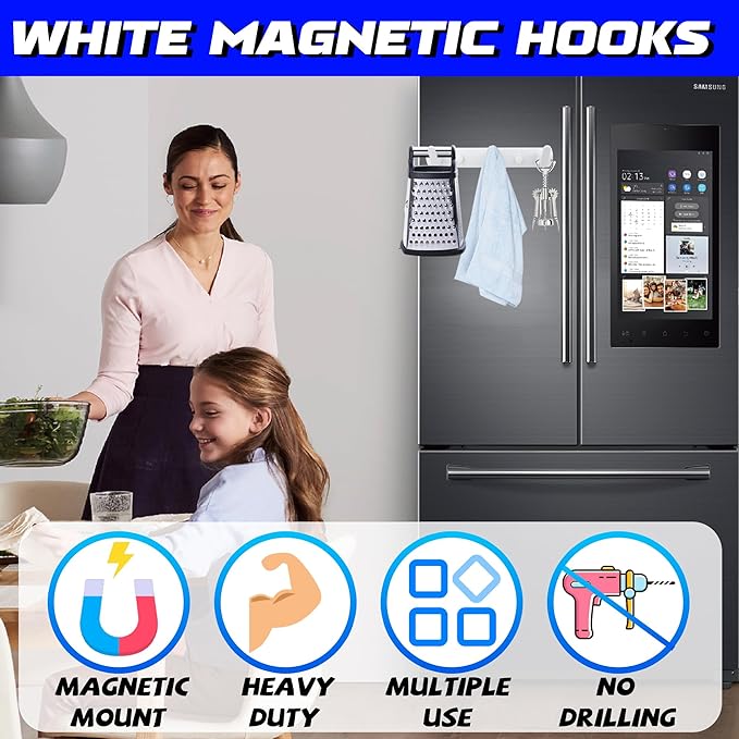 ULIBERMAGNET Magnetic Coat Hooks,Heavy Duty Magnetic Rack,Strong Rubber Magnetic Hanger for Refrigerator,Metal Cabinet,Door,Hanging Coat, Towel, Bag, Scarf, Helmet(White/3 Hooks)