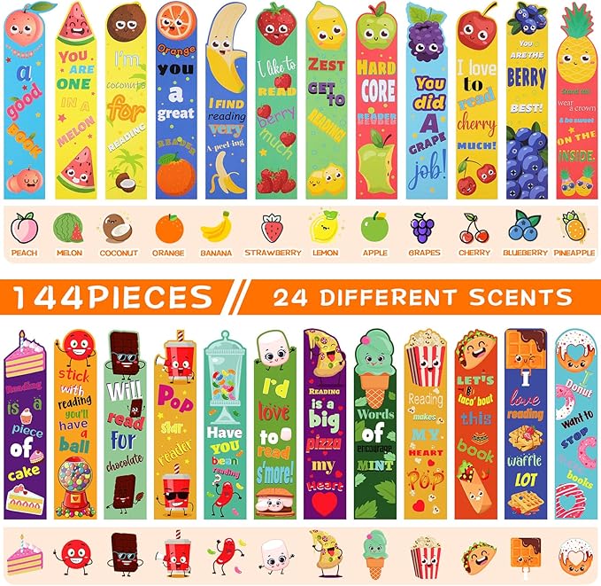 Geyee 144 Pcs Fruit Scented Bookmarks Scratch and Sniff Bookmarks Fun Classroom Smelly Bulk for Kids Students Teens School, 24 Styles