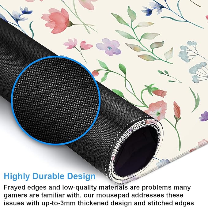 Desk Mat, Colorful Watercolor Floral Large Gaming Mouse Pad with Non-Slip Base Stitched Edges,Desk pad for Keyboard and Mouse Home Office 35.4"x15.7"