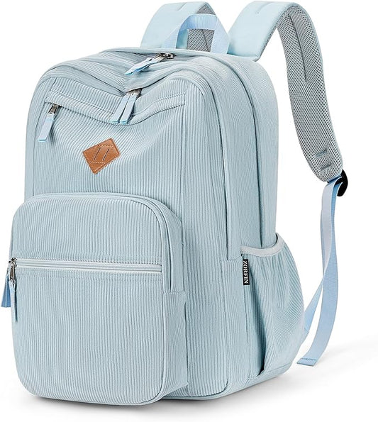 ZORFIN 26L Backpack for School, College, and Travel: Corduroy Bookbag with 8 Compartments - Sky Blue