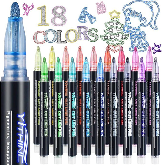 Outline Shimmer Markers, 18 Glitter Metallic Gel Pens for Tween Teen Girl Gifts Trendy Stuff, Halloween, Birthday Party, Cool Fun Art Crafts Supplies, Stocking Stuffers for Kids Girls Ages 8 10 12 14