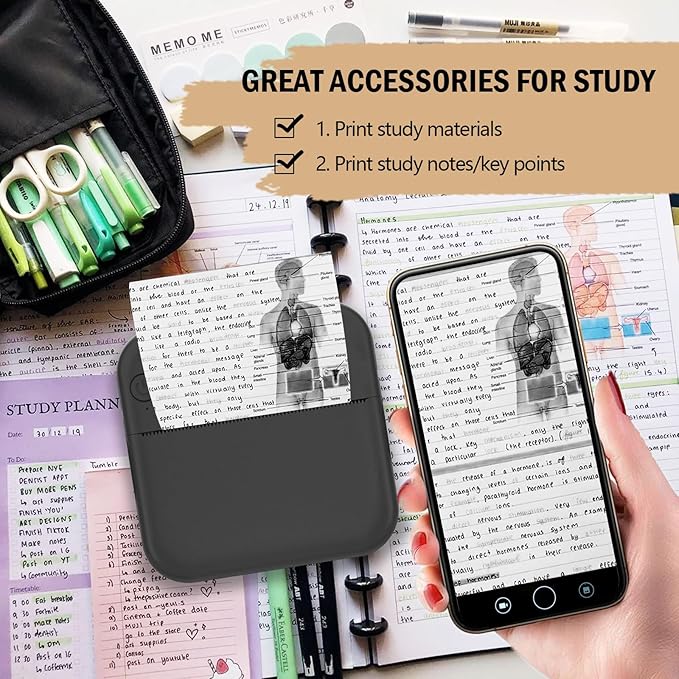 Mini Photo Printer - Portable Pocket Sticker Printers for iPhone Thermal Printer with 10 Rolls Thermal Paper for Photo, Memo, Journal - Black