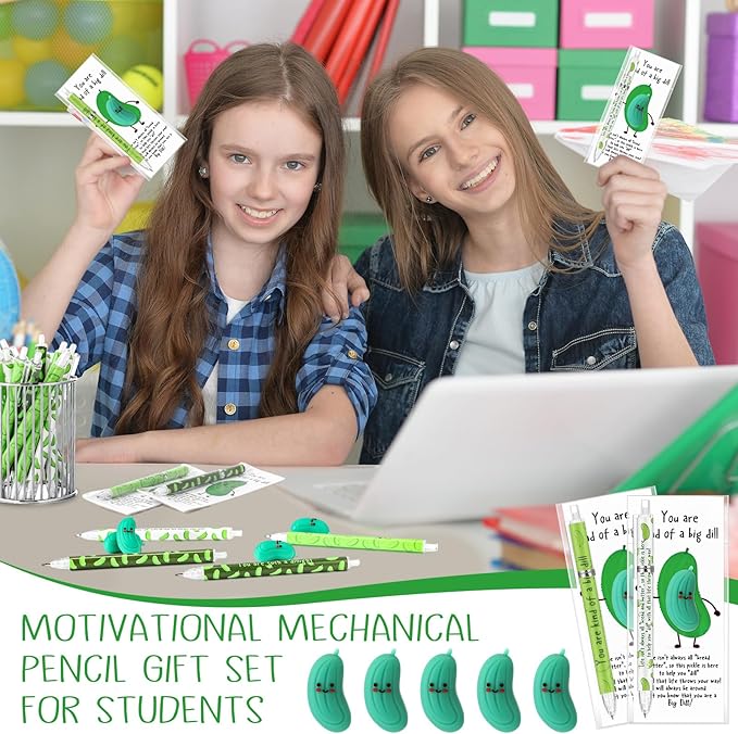 60 Sets Inspirational Pickle Gifts Bulk 6 Styles 0.7 mm Motivational Mechanical Pencils with Erasers Positive Cards Back to School Gifts for Student Teacher Coworker Office Supplies