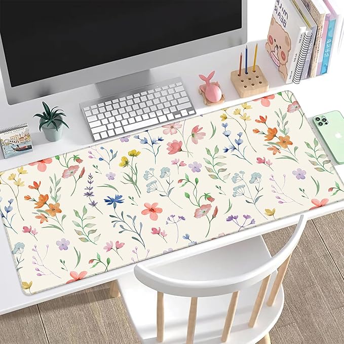 Desk Mat, Colorful Watercolor Floral Large Gaming Mouse Pad with Non-Slip Base Stitched Edges,Desk pad for Keyboard and Mouse Home Office 35.4"x15.7"
