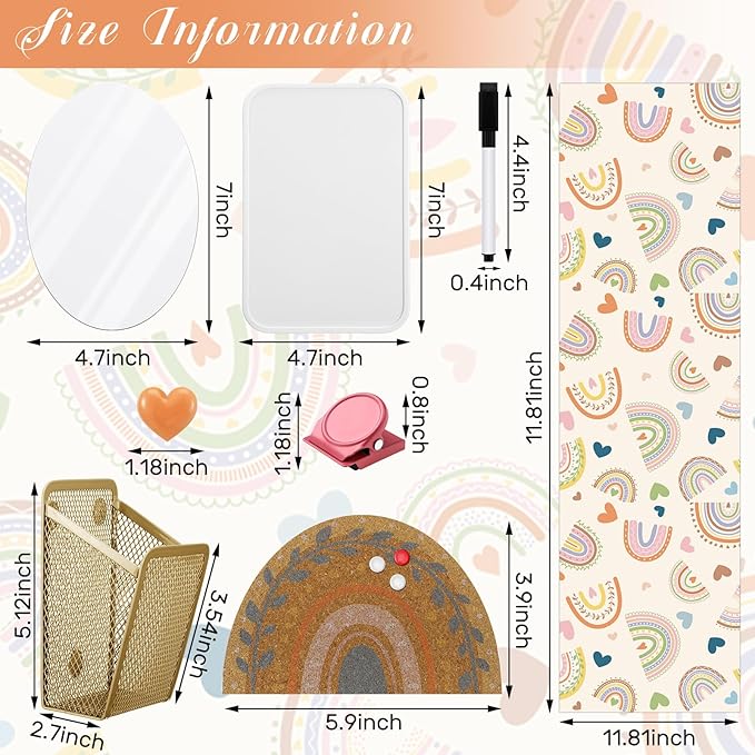 Harloon 15 Pcs Locker Decoration and Organizer Kit Locker Wallpaper Magnetic Pen Holder and Mirror Whiteboard Marker Cork Board with 3 Push Pins 3 Magnetic Clip 6 Magnets(Bohemian Love Rainbow)