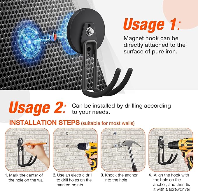 2 Pack Large Strong Magnetic Hooks for Hanging Heavy Duty, 3.5in Neodymium Magnet Storage Utility Hooks, Steel Long Magnetic Holder/Hanger Hook Organizer for Hanging Garage/Garden/Power Tools