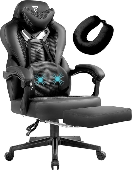 Gaming Chair PRO, Ergonomic Gaming Chairs for Adults Heavy People, Massage Reclining Office Desk Computer Chair with Footrest and Lumbar Support, Big Tall Mesh Gamer Chair with Cushion (Black)