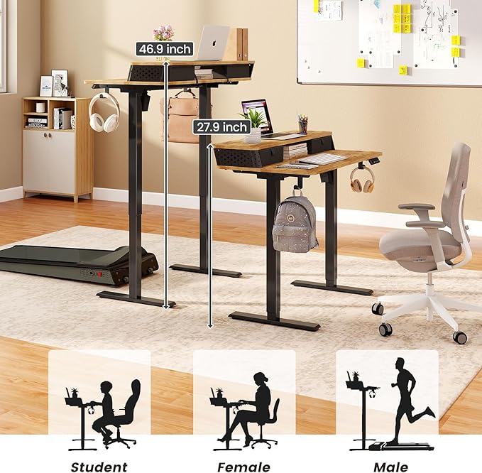 Small Standing Desk With Drawers and Brushless Motor,Electric Sit Stand Desk for Walking Pad,Ergonomic Stand Up Desk for Home Office & Gaming,3 Memory Height Preset & Hooks(35" x 20", Rustic Brown）