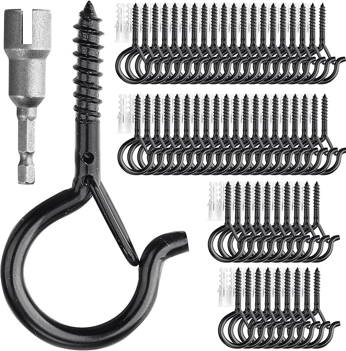 PlusRoc 60 Pack Ceiling Hooks for Hanging Plants Outdoor String Lights, Q-Hanger Screw in Hooks for Hanging, 2.2 Inch Black Cup Hook Eye Hooks Outside Patio, Wall Wood Ceiling Deck Fence Mount