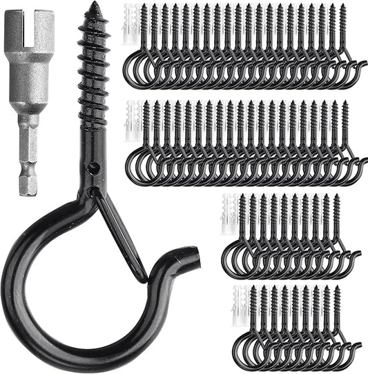PlusRoc 60 Pack Ceiling Hooks for Hanging Plants Outdoor String Lights, Q-Hanger Screw in Hooks for Hanging, 2.2 Inch Black Cup Hook Eye Hooks Outside Patio, Wall Wood Ceiling Deck Fence Mount