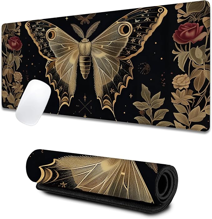 Vintage Moth Rose Large Gaming Desk Mat,Rubber Non-Slip Elegant Nocturnal Mouse Pad,31.5x11.8x0.12in Extended Nature Art Floral Mousepad,Game Lover Mice Pads Gifts,Office Home Deskmat Decor