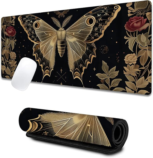 Vintage Moth Rose Large Gaming Desk Mat,Rubber Non-Slip Elegant Nocturnal Mouse Pad,31.5x11.8x0.12in Extended Nature Art Floral Mousepad,Game Lover Mice Pads Gifts,Office Home Deskmat Decor