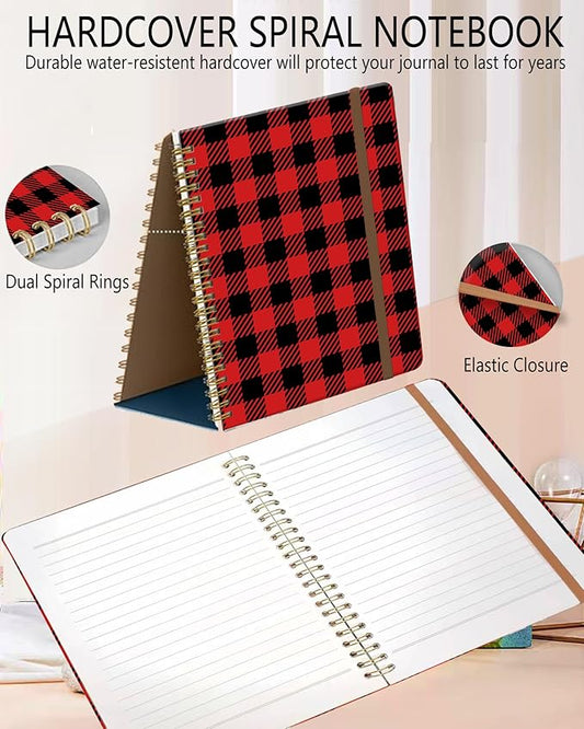 Spiral Journal Notebook, A5 Cute Notebooks for Women Men, College Ruled Hardcover Notebook for Work & Note Taking, 60 Pages Double-Wire Journals for Writing, Black Red Plaid