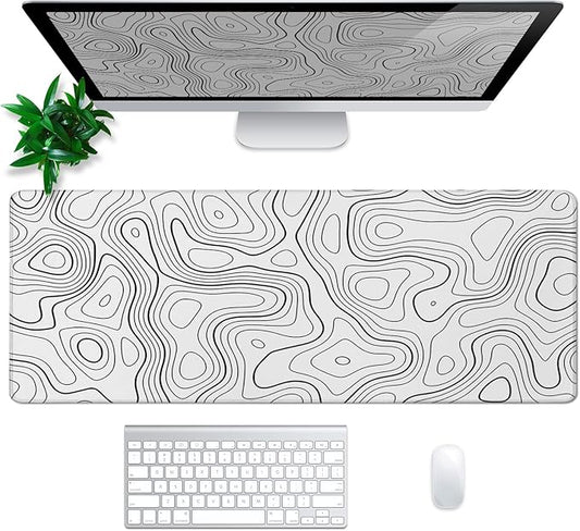 Topographic Contour Gaming Mouse Pad White Large Mouse Pad for Keyboard and Mousepad Desk Mat with 3mm Non-Slip Base and Stitched Edge for Gaming and Office Computer Mat Protector Mat 31.5x11.8 Inch
