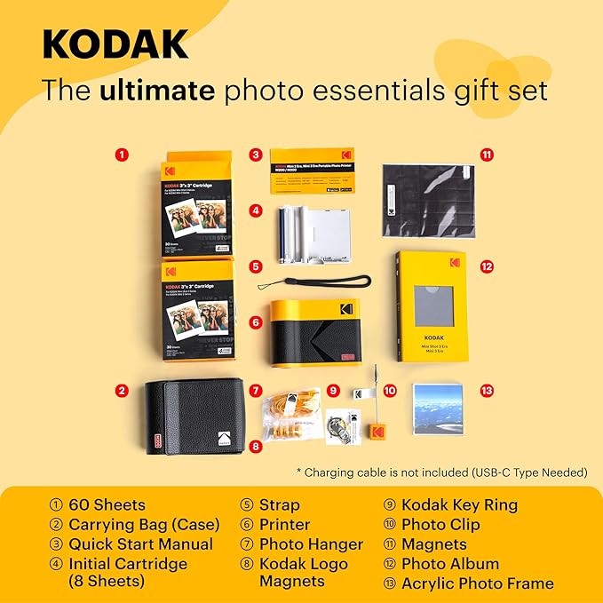 KODAK Mini 3 ERA 4PASS Portable Photo Printer (Yellow, Printer + Initial 8 Sheets + 60 Sheets + Accessories)