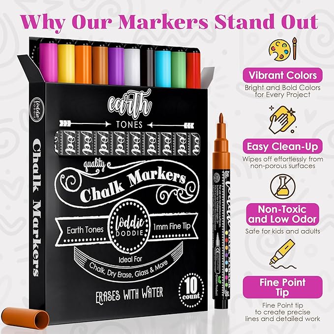 Loddie Doddie Fine Liquid Chalk Markers for Chalkboard & Blackboard - 10-Count Earth Tone Set - 1 mm Fine Tip - Erasable & Low-Odor Non-Toxic Chalkboard Markers & Glass Window Pens