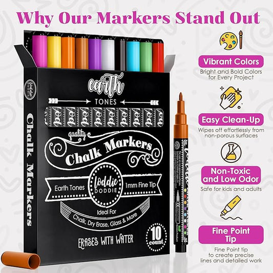Loddie Doddie Fine Liquid Chalk Markers for Chalkboard & Blackboard - 10-Count Earth Tone Set - 1 mm Fine Tip - Erasable & Low-Odor Non-Toxic Chalkboard Markers & Glass Window Pens