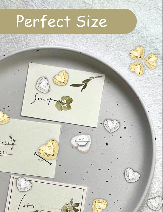 20PCS Gold Fridge Magnets Cute Diamond Love Heart Refrigerator Magnets, Silver Decorative Magnets for Whiteboard Cabinet Locker, Lovely Magnets for Classroom Home Kitchen Office Decor