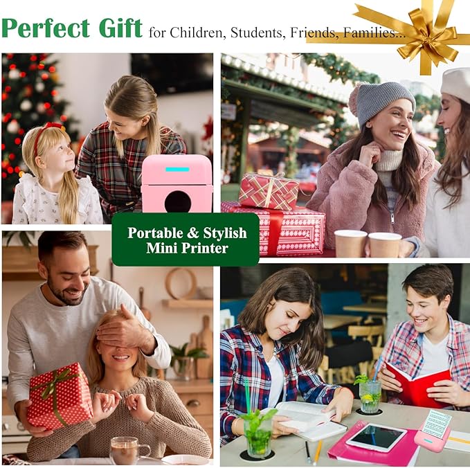 Mini Portable Printer, Inkless Sticker Printer with 12 Rolls Paper, Thermal for Notes/Photos/Stickers/Labels/Receipts, Compatible with iPhone, Android Phone & Tablet, Pink