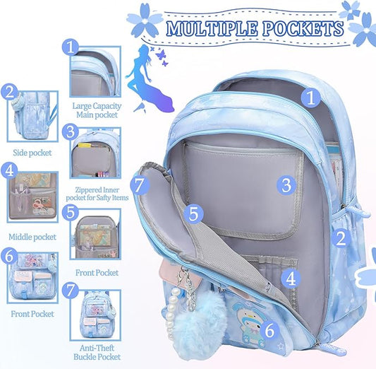 Lovely Girls Backpack School Bag for Students Kids Book Bag with Multiple Pockets Splash-proof Children's Backpack（17inch Blue）