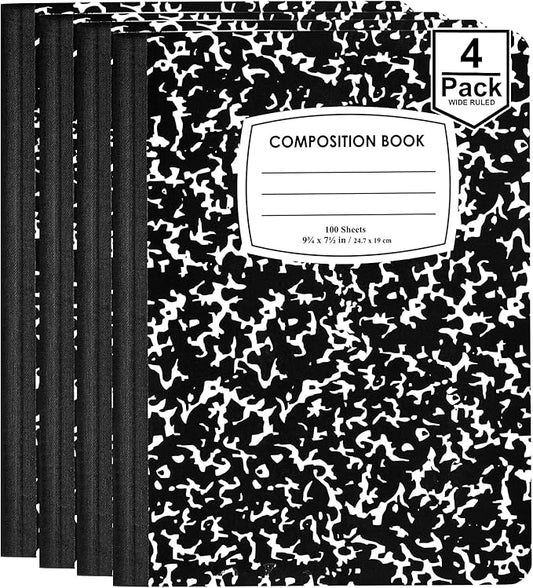 ENVO Composition Notebooks, Wide Ruled Composition Notebook, Black Marble Covers Composition Notebook, 100 sheets (4 Pack, Wide Ruled)