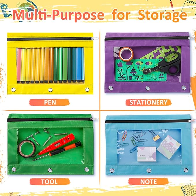 Marspark 48 PCS Pouch Bag for 3 Ring Binder - Bulk Zipper Pencil Binder Pouches with Clear Window for School Office Utensils Storage Supplies(Bright Color)