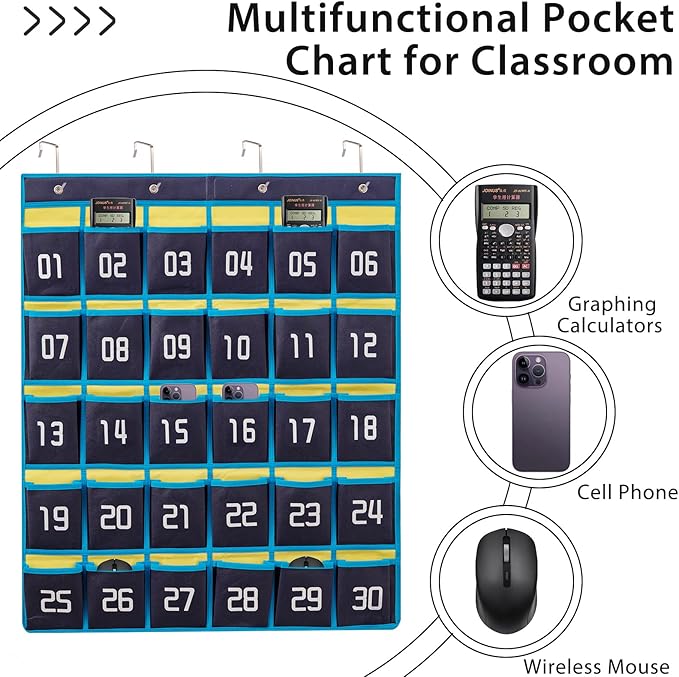 HBlife 30 Pockets Numbered Classroom Organizer Pocket Chart Cell Phones Holder Wall Door Hanging Storage Bag (Blue, 1 Pack)