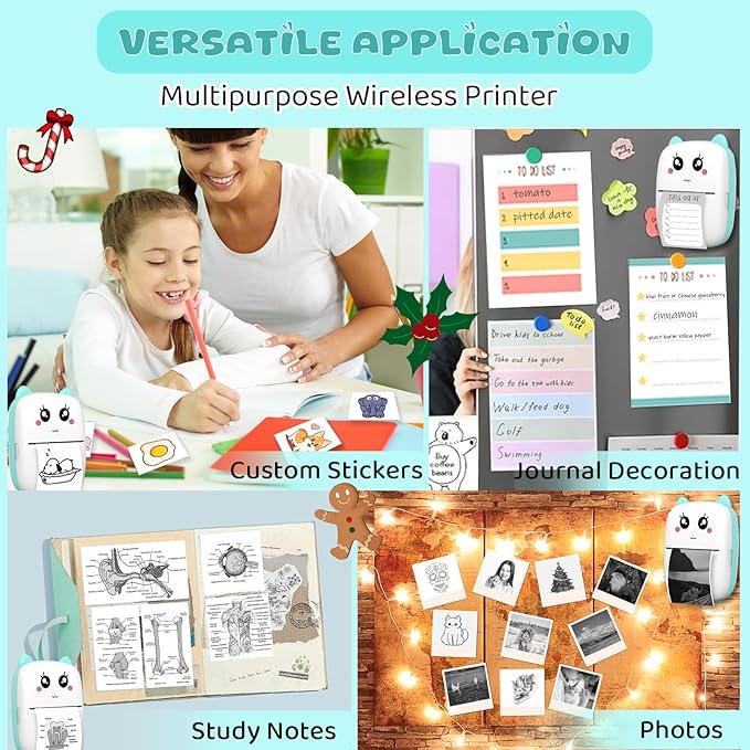 Mini Sticker Printer, Pocket Thermal Sticker Printer Machine, Thermal Bluetooth Sticker Maker with 11 Rolls Paper, Portable Receipt foe Study Notes, Memo, List, Work Plan, Gift (Blue)