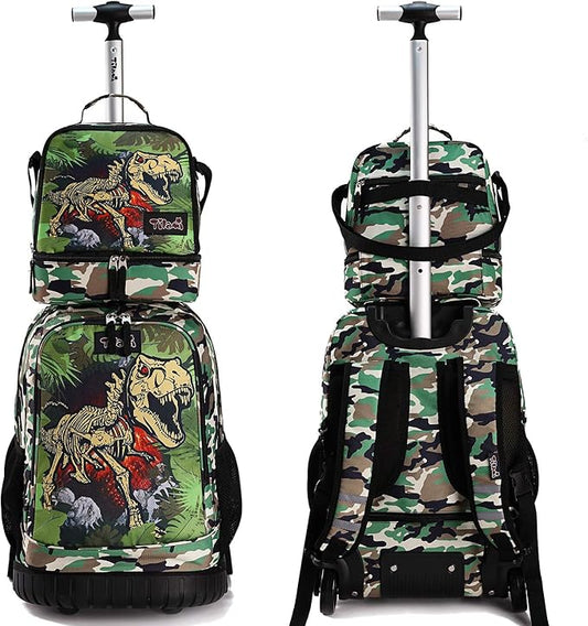 Tilami Rolling Backpack 19 inch with Lunch Bag Wheeled Laptop Backpack, Dinosaur Camouflage