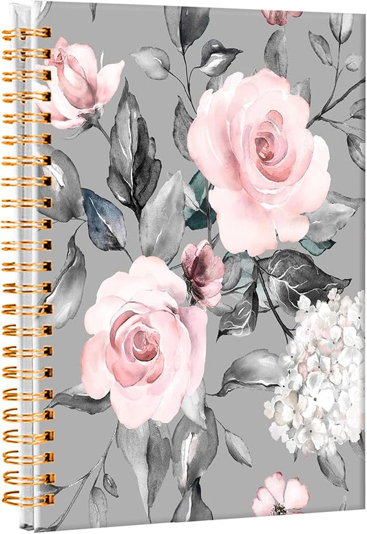 iampanda Spiral Journal Notebook,Strong TwinWire Binding with Premium Paper for Girl Women,Watercolor Floral 60 Sheets A5 College Ruled NotebookJournal,Perfect for School Office Home Gifts,Gray