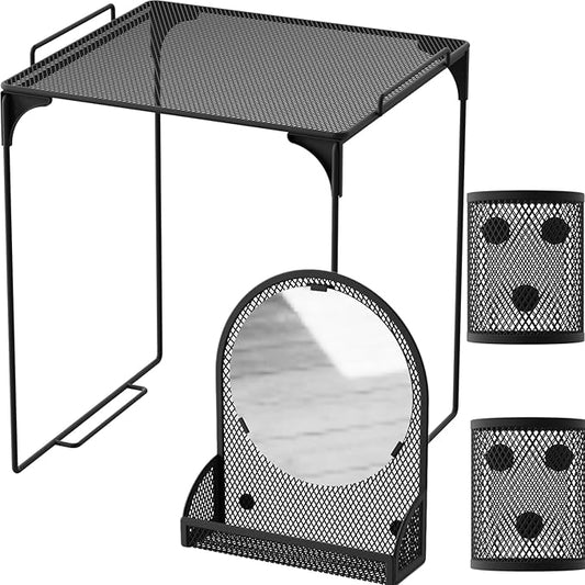 Locker Shelf with Magnetic Locker Mirror & 2 Magnetic Pencil Cups, Locker Organizer for Work, Mesh Metal Locker Accessories Kit for School Locker, Locker Decor Office Supplies, Black