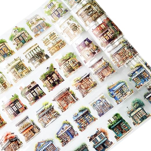 6 Rolls House Building Theme PET Tape Set, Pre-Cut Decorative Grocery Shop Stickers for Scrapbooking, Journaling, and Waterproof Craft Supplies with Clip
