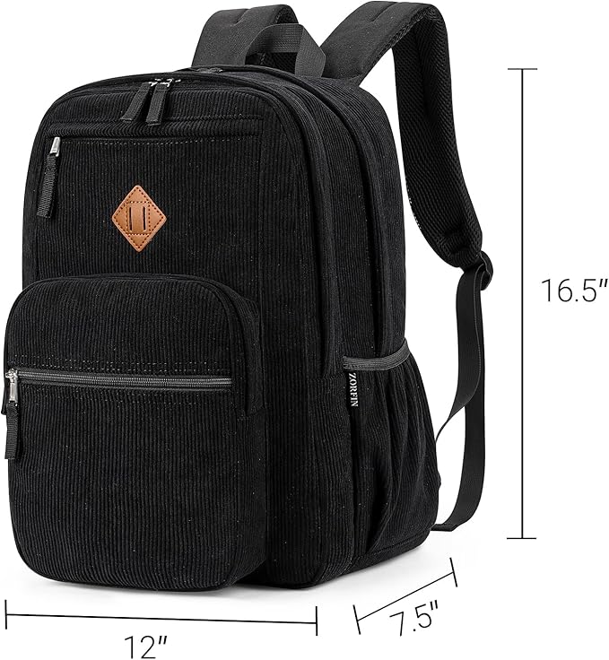 ZORFIN 26L Backpack for School, College, and Travel: Corduroy Bookbag with 8 Compartments - Black
