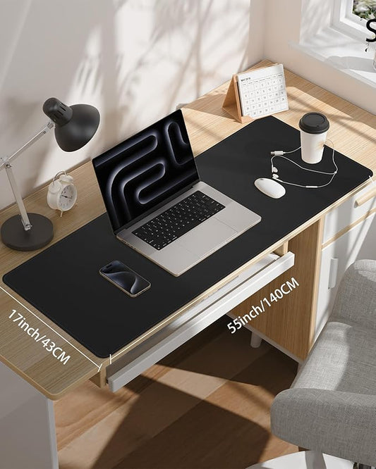 Extra Large Desk Pad Mat - Waterproof Mouse Pad & Desk Protector, Non-Slip XXL PU Leather Gaming Mat for Keyboard/Mouse, Stitched Edge with Ergonomic Support, 55"x17" (Black)