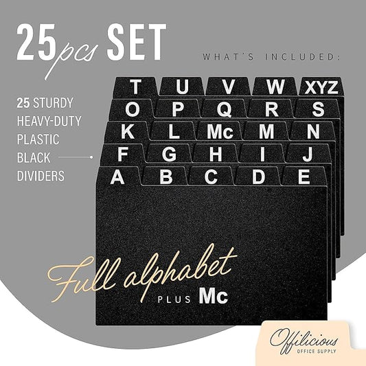 4x6 Index Card Holder Dividers - 25 Plastic Black Index Card Dividers with Alphabet Tabs - Index Card Organizer, Index Cards, Index Card File Box, Trading Card Dividers, 5 Tab Dividers